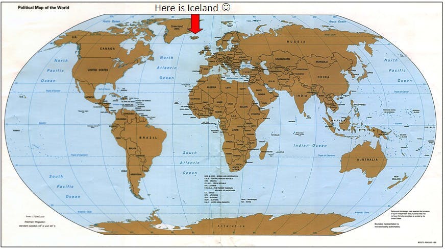 World map with an arrow pointing at Iceland on the map.